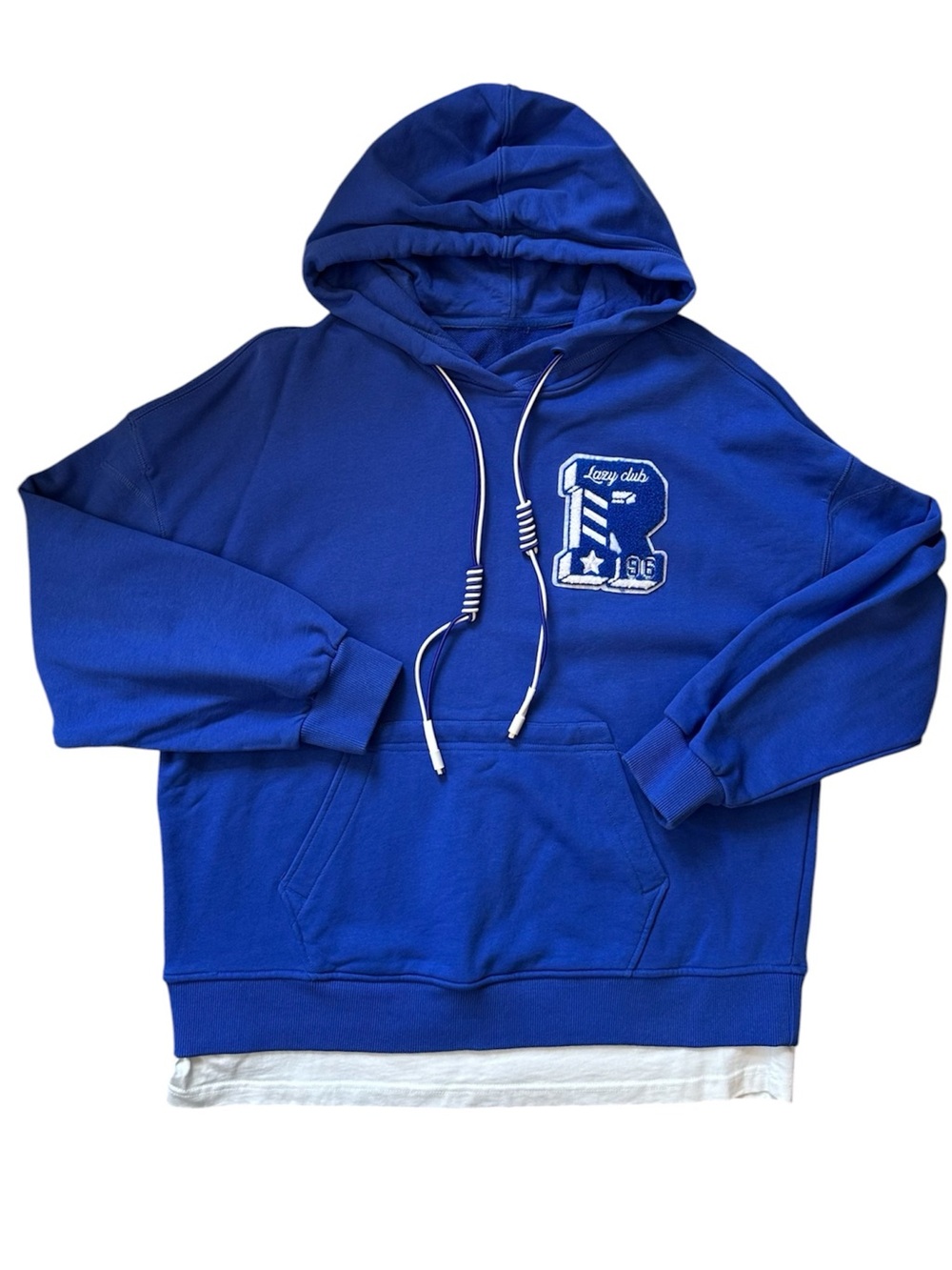 LAZY CLUB 96 Blue Hooded French Terry Cotton Hoodie Sweatshirt